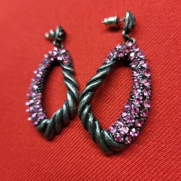 Drop Dangle Earring Pewter Silver with Pink Rhinestones - Picture 9 of 12